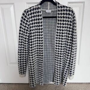 Cyrus Soft Fuzzy Houndstooth Print Open Front Long Cardigan